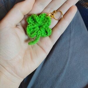 Lucky Clover Spring Green With Gold Chain Handmade Crochet Keychain Charm